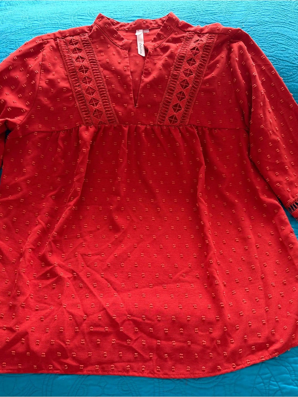 NY Collection Red Textured V-Neck Lace-Trim Blouse